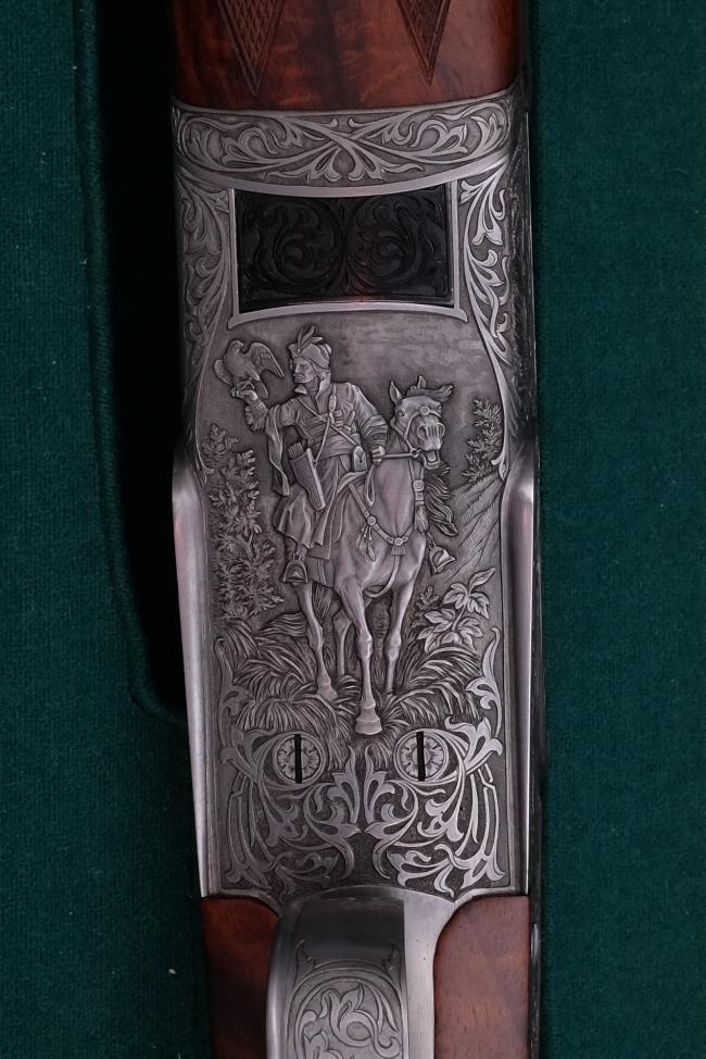 Falconry scene on hunting gun MTs-109-12 "Russian hunting" by E.V.Generalov